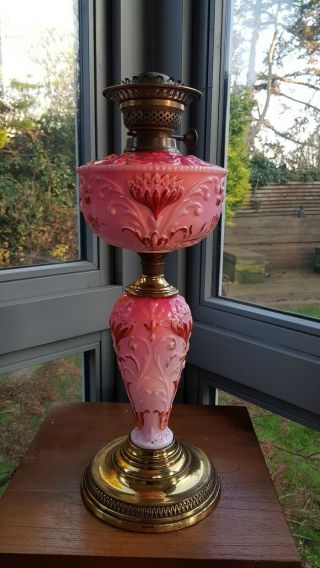 Rare Victorian Embossed Relief Pink Glass Oil Lamp Base Column And Font