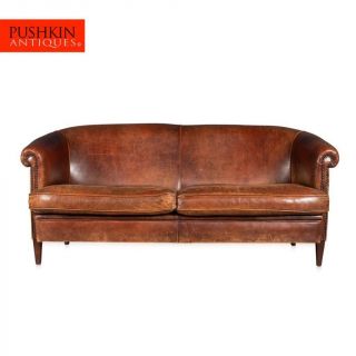 Elegant 20thc Dutch Three Seater Sheepskin Leather Sofa