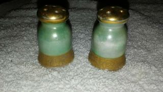 Vintage Decorative Mini Salt And Pepper Shakers.  Green And Gold.