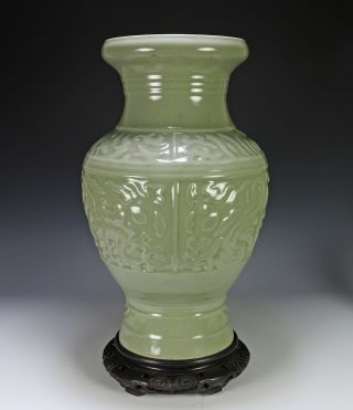 Massive Antique Chinese Celadon Glaze Porcelain Vase With Qianlong Mark