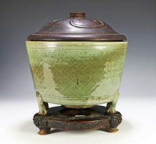Antique Chinese Celadon Glaze Porcelain Pot With Stand - Ming Dynasty