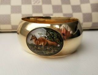 Antique 14k Yellow Gold Fox Hand - Painted Bangle Bracelet Crystal 79.  2g Heavy