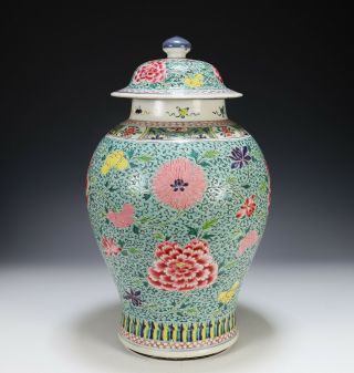 Large Antique Chinese Enameled Porcelain Covered Jar With Flowers - 18th Century