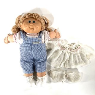 Vintage Cabbage Patch Kids Blue Gingham Checked Overalls White Blouse Hanger