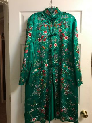 Vintage Plum Blossoms Green Silk Chinese Embroidered Long Jacket Robe Size 42