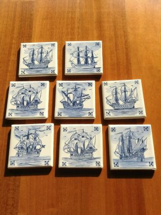 8 Vintage Ceramic Tiles W/motives Portuguese Caraveles Sail Boats