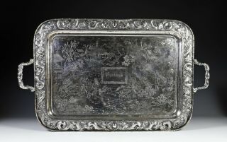 Large Antique Chinese Export Silver Tray With Scene Of Figures Kwong Man Shing