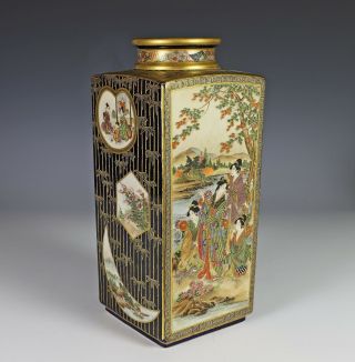 Large And Finely Painted Antique Japanese Satsuma Pottery Four Sided Vase