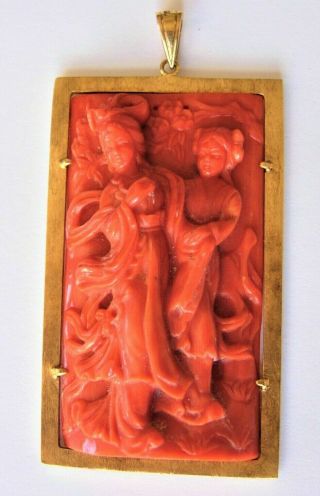 Antique Large Hand Carved Both Sides Red Coral Chinese Kwan Yin,  14k Gold Frame