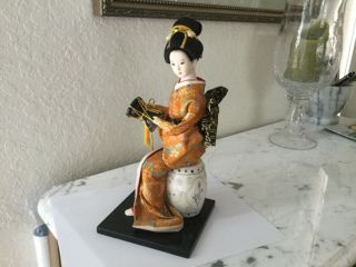 Japanese Vintage Geisha Doll Kimono Girl Figure Figurine Musician Tangerine Gold