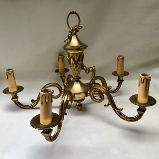 Vintage French Five Arm Gold Colour Heavy Brass Chandelier,  Chain & Ceiling Rose