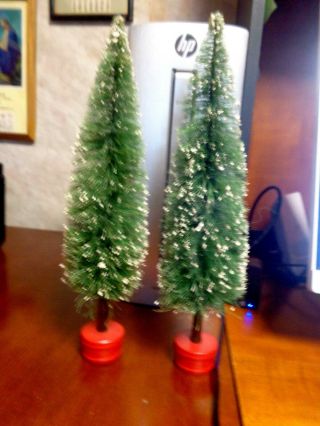 Pair Vintage Bottle Brush Christmas Trees Rare 14 Inch Size