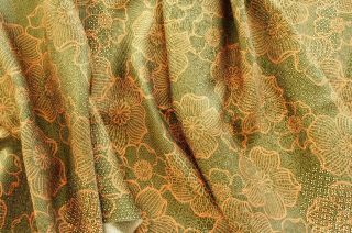 Vintage Japanese Kimono Silk Fabric|green Weave Orange Flower 41 " |quilting,  Panel