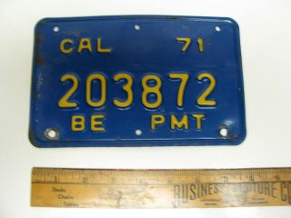 1971 California State License Plate Be Permit Car? Automobile? Tag 203872 Blue