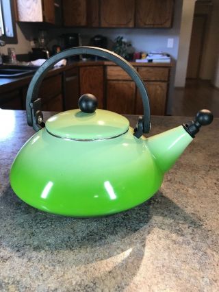 Vintage LE CREUSET Whistling Tea Kettle 1.  6 Quart Green Enameled Teapot France 2
