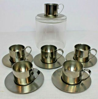 Vintage Mid Century Vemi Italian Stainless Steel Espresso Cup & Saucer Set Of 6