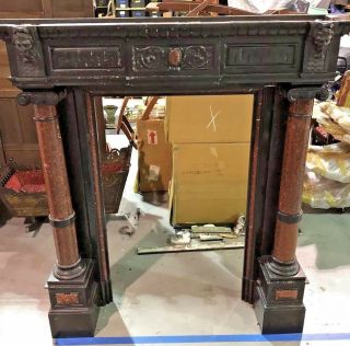 Rare Old Italian 19th Century Antique Large Black Marble Fireplace Wall Mantel