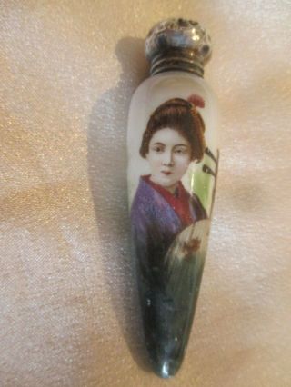 Antique Sterling Silver & Porcelain Perfume Bottle Hand Painted Japanese Girl