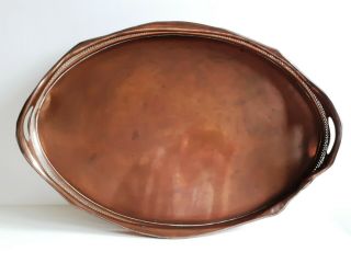 Huge Vintage Copper Oval Tray With Railings,  Handles And A Patina