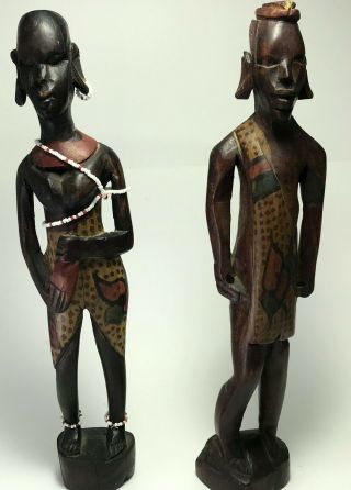 Vintage African Handicraft Carved Statues Man Woman Wood Woody Tribal Figurines