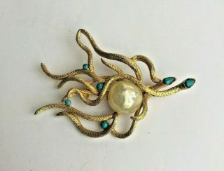 Vintage Signed Cadoro Gold Tone Multi Snake Medusa Pearl Brooch Pin