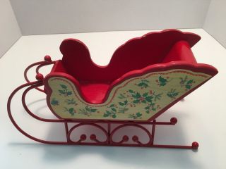 Vintage Wooden Christmas Sleigh Red With Holly Berries Metal Snow Runners 11 "