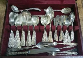 98 PIECE SET OF KIRK REPOUSSE STERLING SILVER FLATWARE SERVICE FOR 12 WITH EXTRS 2