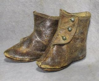 Antique French Leather Doll Shoes W/3 Buttons - Bru,  Jumeau,  Mignonette