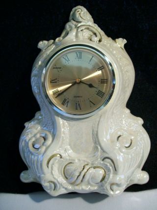 Vintage Duncan Enterprises Ceramic Quartz Mantel Clock Ivory 7 Gold 1978