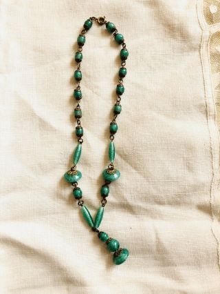 Vintage 1930s Art Deco Green Peking Glass Bead Pendant Drop Necklace Czech Small