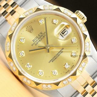 Rolex Mens Datejust Champagne Pyramid Diamond 18k Yellow Gold & Steel Watch