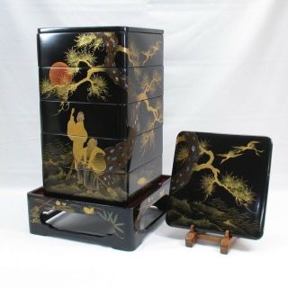 B756: Japanese Tier Of Old Lacquered Boxes Jubako On The Stand With Great Makie