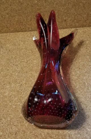 Vintage Hand Blown Art Glass Vase Deep Reddish Purple With Controlled Bubbles
