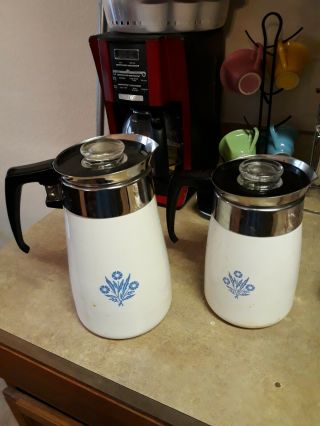 Vintage 6 Cup And 9 Cup Corning Blue Cornflower Stovetop Percolators