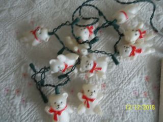 Vintage White Teddy Bear Christmas String Light Set Of 10 Blow Mold Hard Plastic