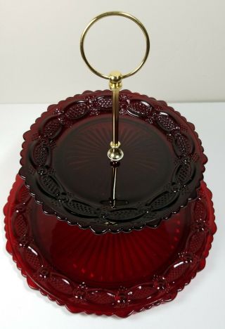 Vtg Avon 1876 Cape Cod Ruby Red Glass 2 Tier Server Tray Plate Dish Box
