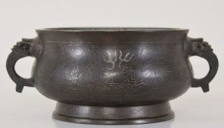 17/18c Chinese Silver Wire Inlaid Bronze Censer Shisou Mark Elephant Handles