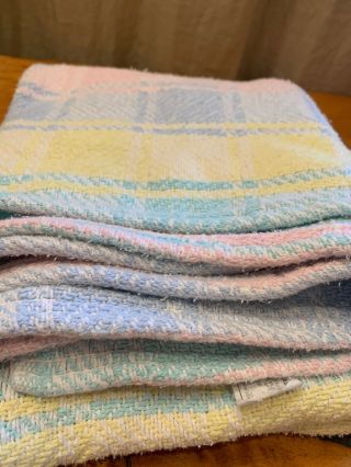 Vtg Pastel Plaid Baby Blanket Cotton Thermal Open Beacon USA Pink Yellow Blue 2