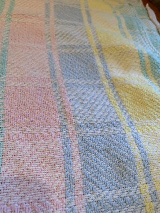 Vtg Pastel Plaid Baby Blanket Cotton Thermal Open Beacon USA Pink Yellow Blue 3