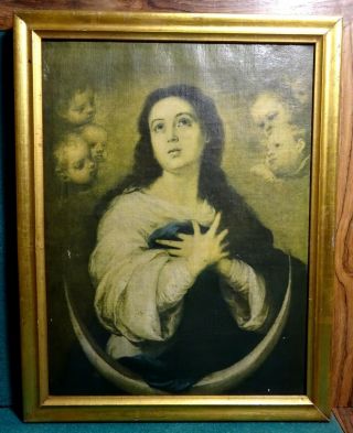Vtg Wall Gilded Wood Frame W/ Print On Canvas Immaculate Conception 10.  91x14.  09 "