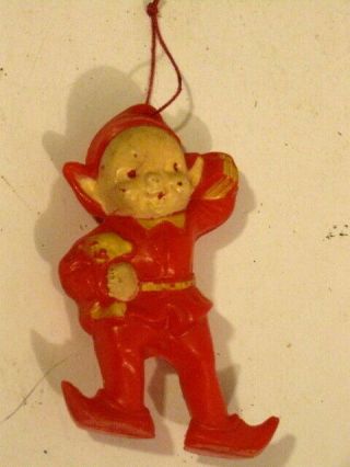 Vintage Hard Plastic Irwin Elf Santa Helper Christmas Ornament.  3” Tall.