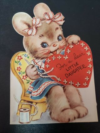 Vtg Rust Craft Valentine Greeting Card Diecut Marjorie Cooper? Bunny Sewing 40s