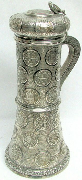 19th C.  Large Silver Tankard Flagon With 48 Spanish Priate Treasure Coins