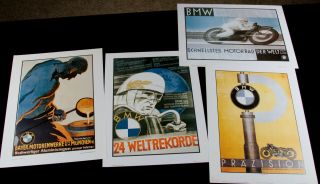 Set Of Four Vintage Bmw Motorcycle Advertising Posters 16 X 12 Art Deco Ads