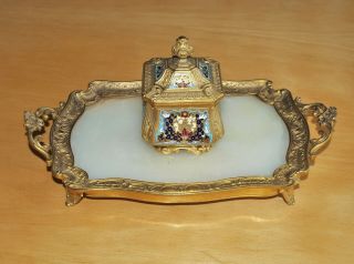 Antique (french?) Ormolu Bronze Champleve Enamel & Marble Desk Stand Inkwell