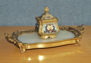 Antique (French?) Ormolu Bronze Champleve Enamel & Marble Desk Stand Inkwell 2