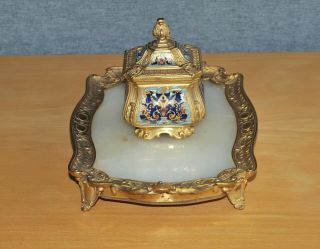 Antique (French?) Ormolu Bronze Champleve Enamel & Marble Desk Stand Inkwell 3