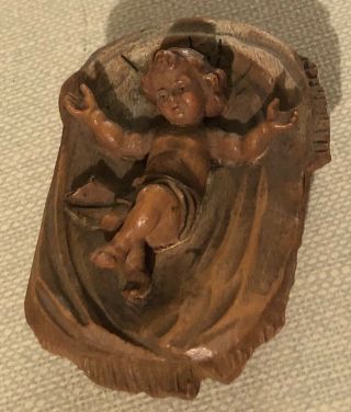 Vintage Carved Wood Jesus In Crib For Manger Italy