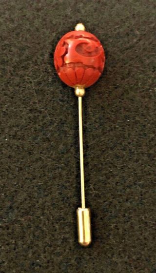 Vtg Cinnabar Carved Ball 4 " Gold Stick Pin Lapel Hat W/ End Cap & Bead Accents