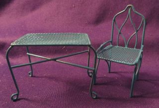 Vintage Turquoise Painted Metal Dollhouse Miniature Table & 1 Chair 1:12 Scale